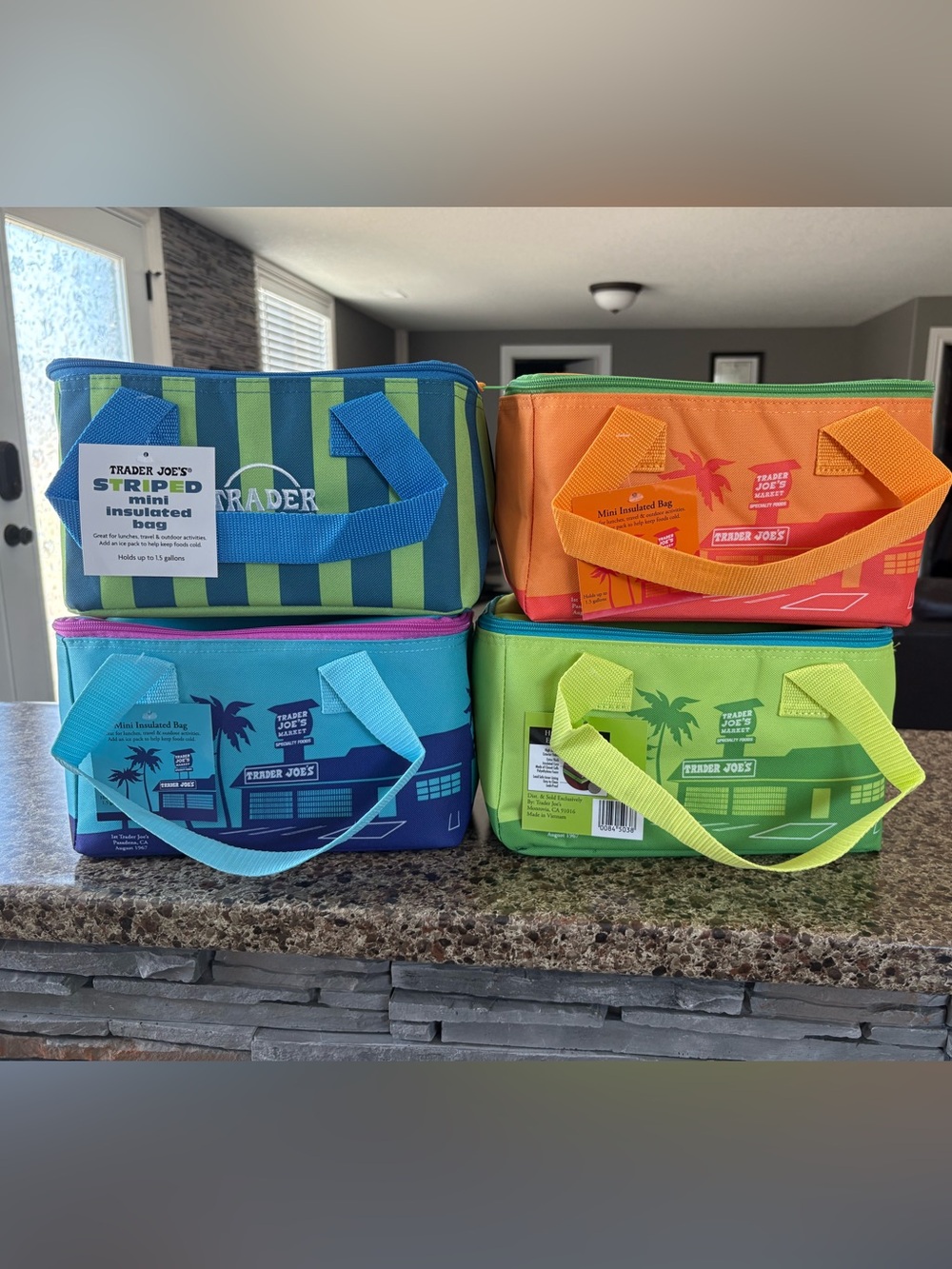 4 Trader Joe's Insulated Lunch Bags - Blue/Green/Orange/Purple